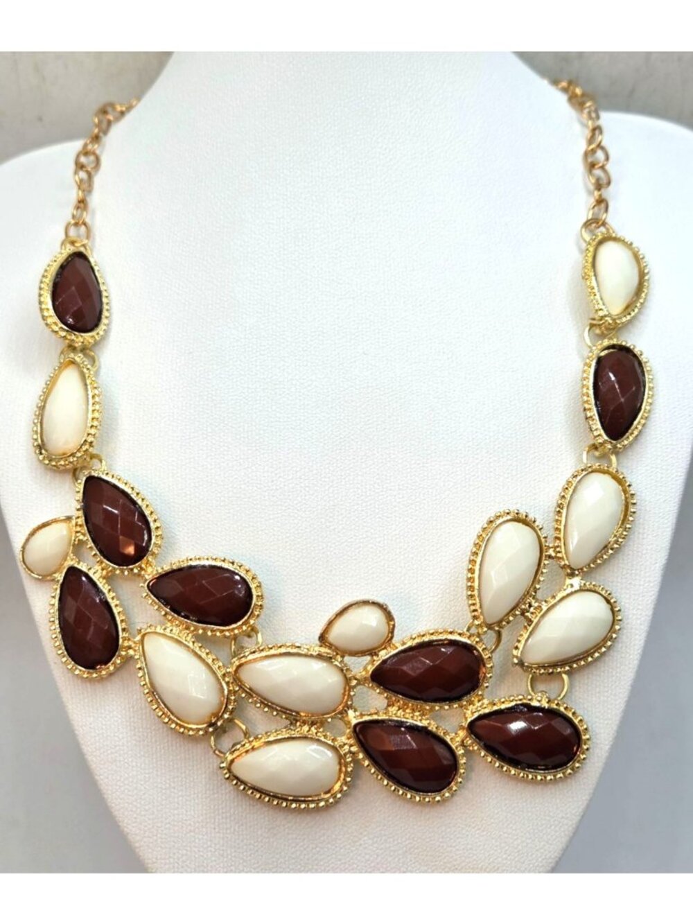Gold Tone Statement Necklace With Brown & Cream Teardrop  Stones